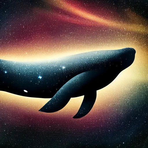 Image similar to close up portrait of space whale on a dark night sky in space, flying across the universe, oniric, dreamy, beautiful, highly detailed, realistic, cinematic, dynamic composition