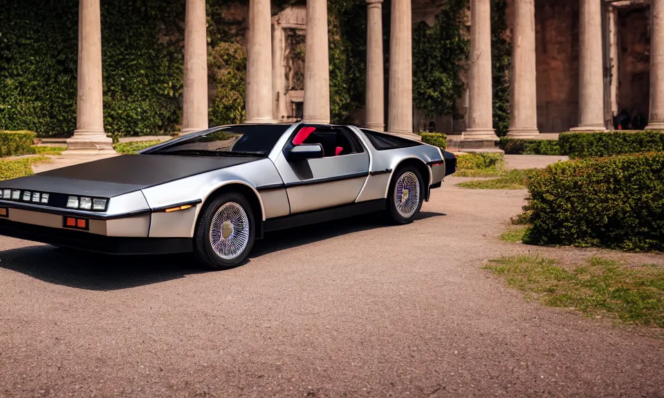 Prompt: closeup photo of a delorean standing in a beautiful palace, dof, chromatic aberration