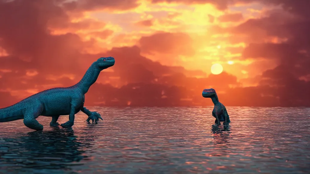 Prompt: a dinosaur swimming in lake barbies city, sunset lighting, rim light, hyper realistic, 1 0 5 mm, cinematic frame