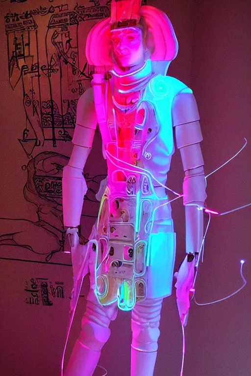 Image similar to full-body neon porcelain egyptian bladerunner greek style sculpture of a young handsome Russian royal as a high-fashion half-robot with a porcelain body with an opening exposing a battery leaking radioactive liquid, electric sparks, glowing violet laser beam eyes, crown of giant rubies, flowing pink and orange neon-colored silk, luminescent fabrics, mechanical raptors. baroque and steampunk elements. full-length view. baroque element. intricate artwork by caravaggio. Very very very very highly detailed epic photo of face. Trending on artstation, octane render, cinematic lighting from the right, hyper realism, octane render, 8k, depth of field, 3D