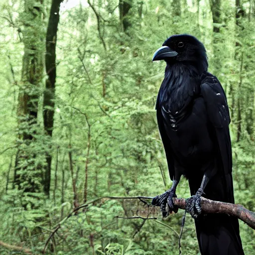 Image similar to crossbreed between a human male and crow, photograph captured in a forest