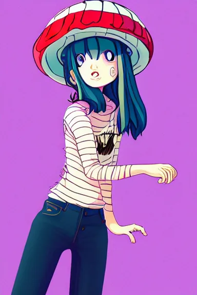 Prompt: a little girl wearing a mushroom hat in 9 0 s outfit | | purple curvy hair, pretty face, fine details, digial art by lois van baarle and sakimichan, anatomically correct, perfect composition, symmetrical, fantastic, clean details, anime character, extremely detailed, ray tracing