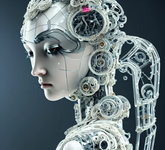 Image similar to beautiful cybernetic baroque robot, beautiful baroque porcelain face + body is clear plastic, inside organic robotic tubes and parts, symmetric, front facing, wearing translucent baroque rain - jacket + symmetrical composition + intricate details, hyperrealism, wet, reflections + by alfonse mucha and moebius, no blur dof bokeh