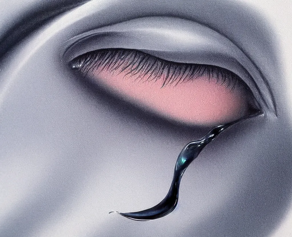 Prompt: close - up of a beautiful matte airbrush of a glossy water drop dripping on a white background, inspired by 8 0's airbrush illustrations, art by masao saito