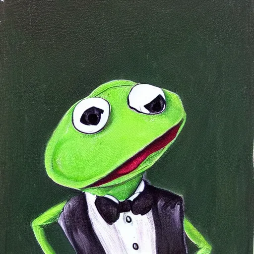 Image similar to A portrait painting of Kermit the Frog in the style of Tim Burton