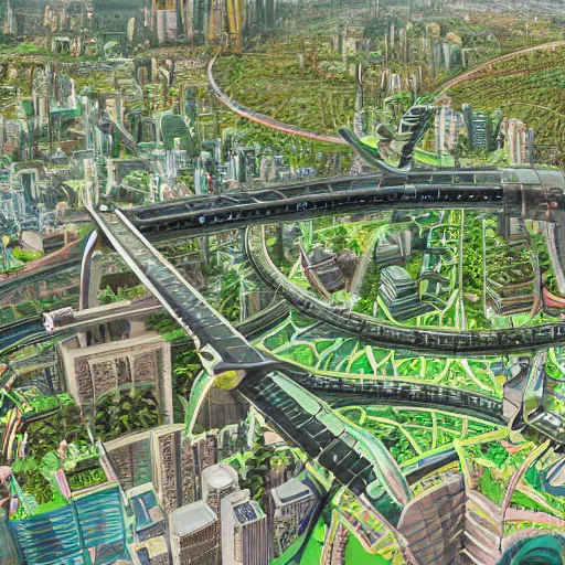 Prompt: vast detailed intricate solarpunk utopia green architecture sprawling metropolis with many crossing monorails