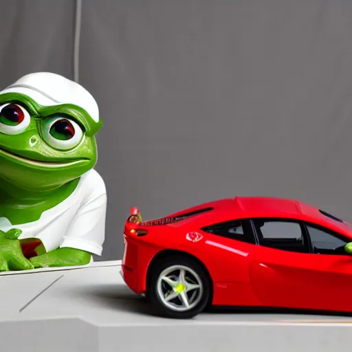 Image similar to architectural model + pepe the frog + ferrari, studio lighting, low contrast, single building, arsitektur nusantara, dynamic lighting, 1 0 0 0 0 mm,, depth detailed