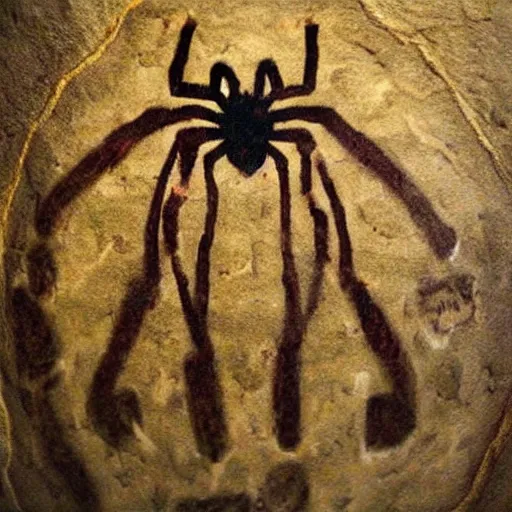 Prompt: a cave painting of spiderman, drum pads, maschine. lascaux cave paintings, chauvet