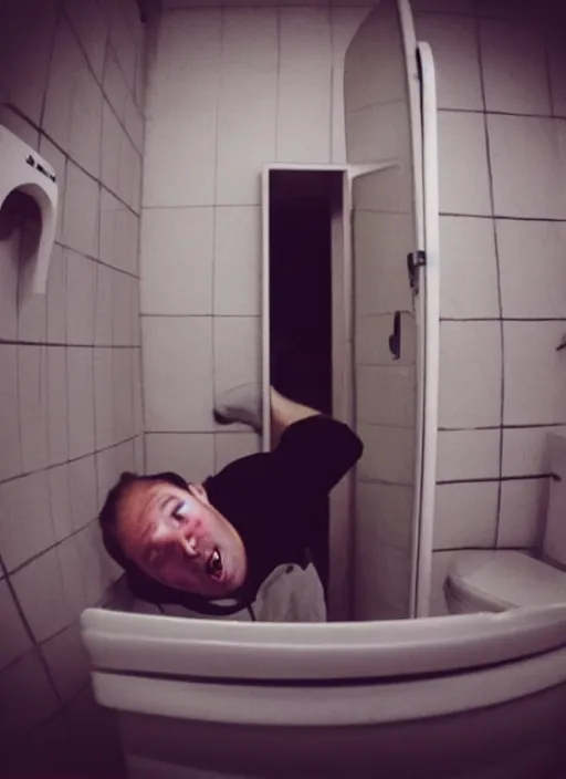 Image similar to man stuck inside a toilet with only his head out, bad quality, shaky camera, funny