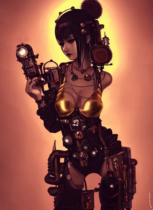 Image similar to soft lustrous ebony geisha seductive raver gutter punk steampunk cyborg, yakuza, golden ratio, details, scifi, fantasy, cyberpunk city, intricate, decadent, highly detailed, octane render, digital painting, artstation, concept art, sharp focus, illustration, art by artgerm, loish, wlop