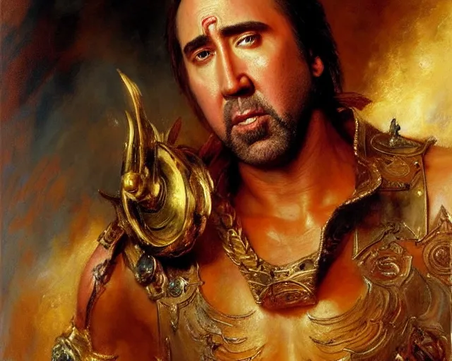 Prompt: attractive nicolas cage as a god. highly detailed painting by gaston bussiere, craig mullins, j. c. leyendecker 8 k