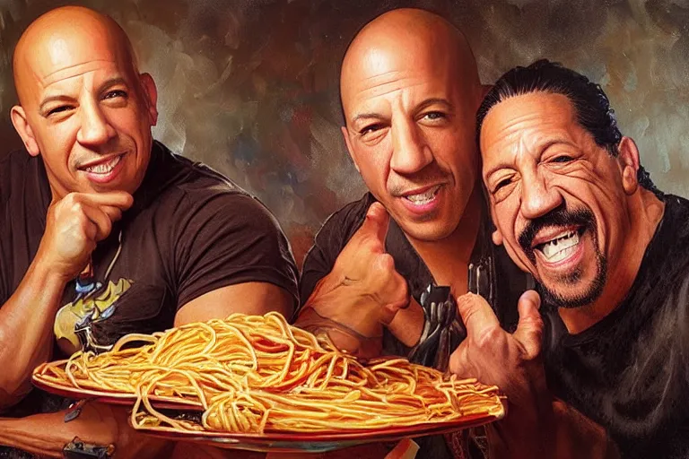 Image similar to portrait of vin diesel and danny trejo sharing spaghetti, an oil painting by ross tran and thomas kincade