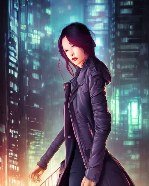 Prompt: photorealistic character portrait of a beautiful half cyborg woman with a mischievous look, the half cyborg woman is wearing a long trench coat, in a night rooftop scene by Liam Wong!!!, character portrait in the style of Artgerm and NeoArtCorE