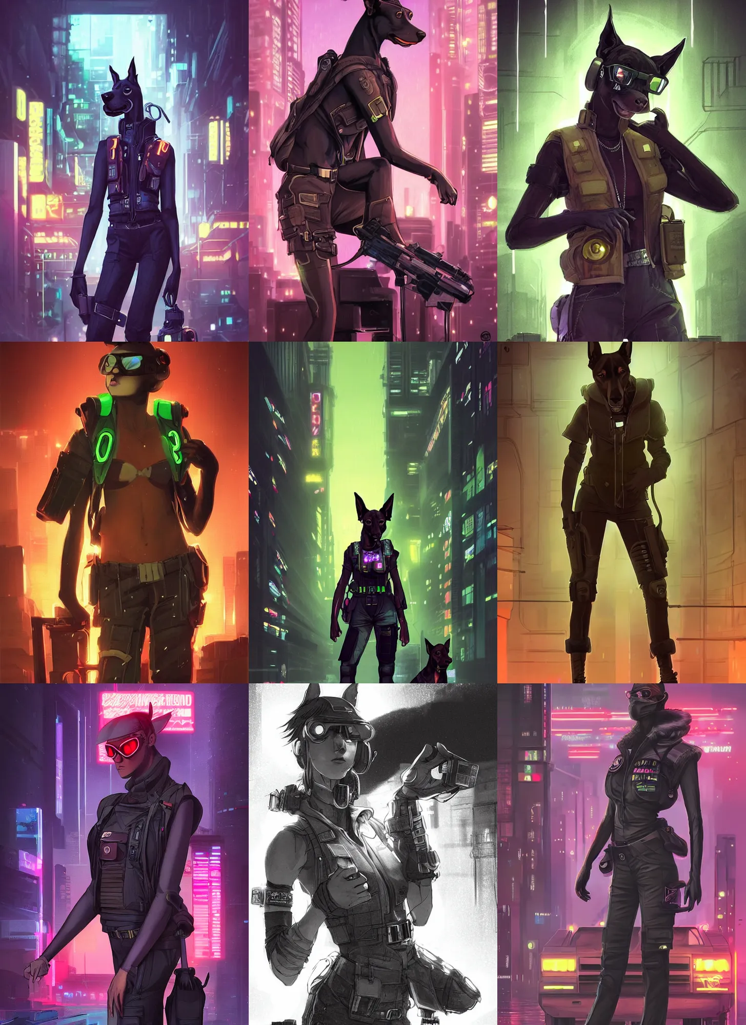 Prompt: beautiful portrait commission of a female furry anthro doberman wearing a bullet proof vest and cargo pants. cyberpunk city at night in the rain. neon light. atmospheric. character design by charlie bowater, ross tran, artgerm, and makoto shinkai, detailed, inked, western comic book art