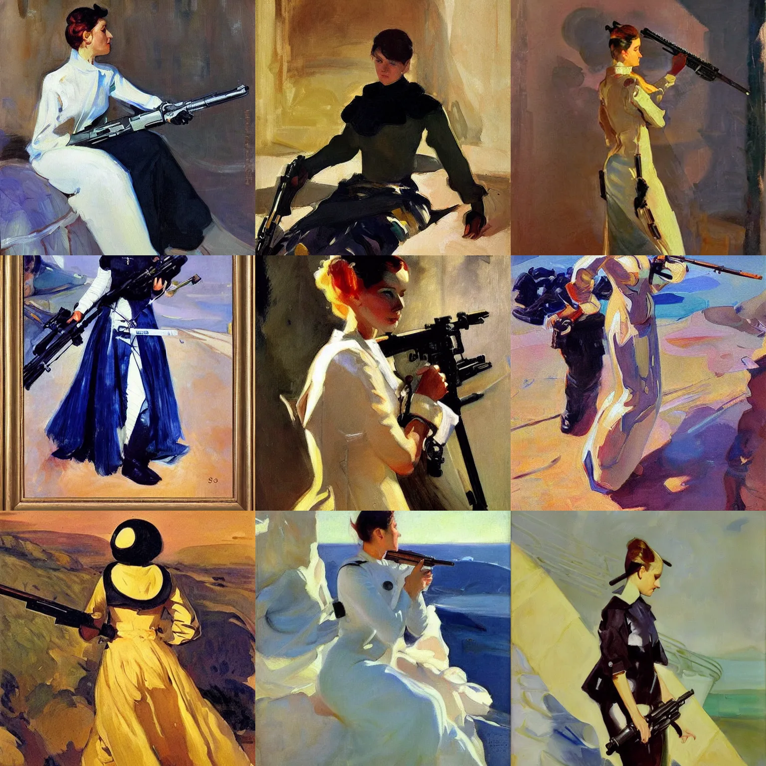 Prompt: Woman wearing futuristic garments, with a rifle, a painting by Sorolla