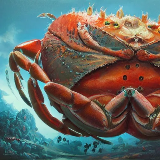 Prompt: crab - pig creature, oil painting by justin gerard