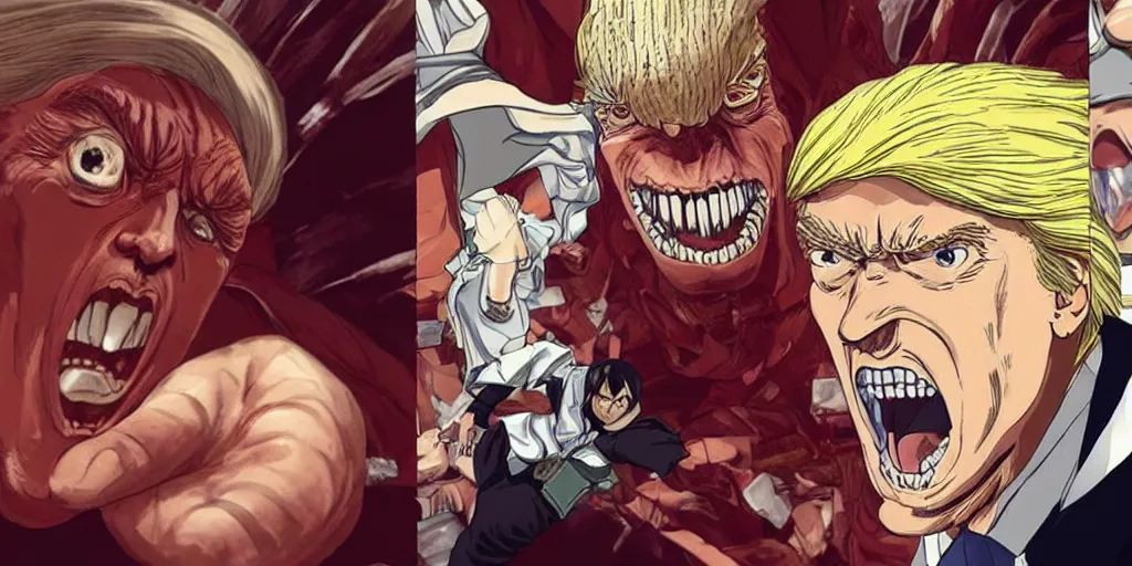 prompthunt: “ donald trump as an ugly titan, attack on titan