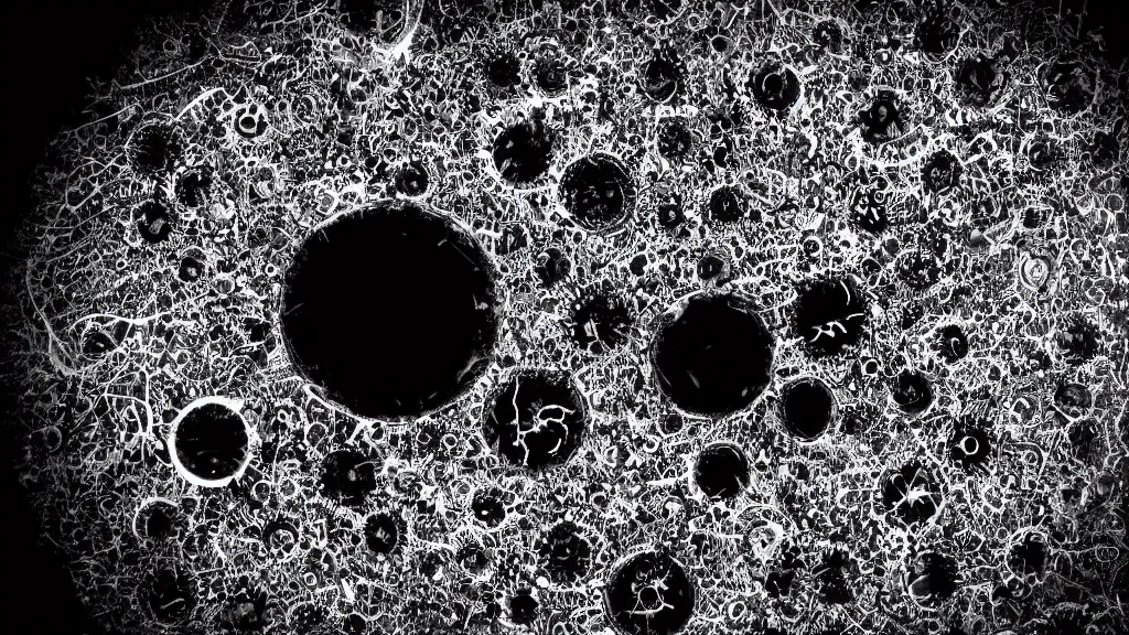 Image similar to beautiful microscope photo of covid - 1 9 as seen through an electron microscope, virus tv logo, dark, sinister, detailed, high contrast, art by greg rutkowski