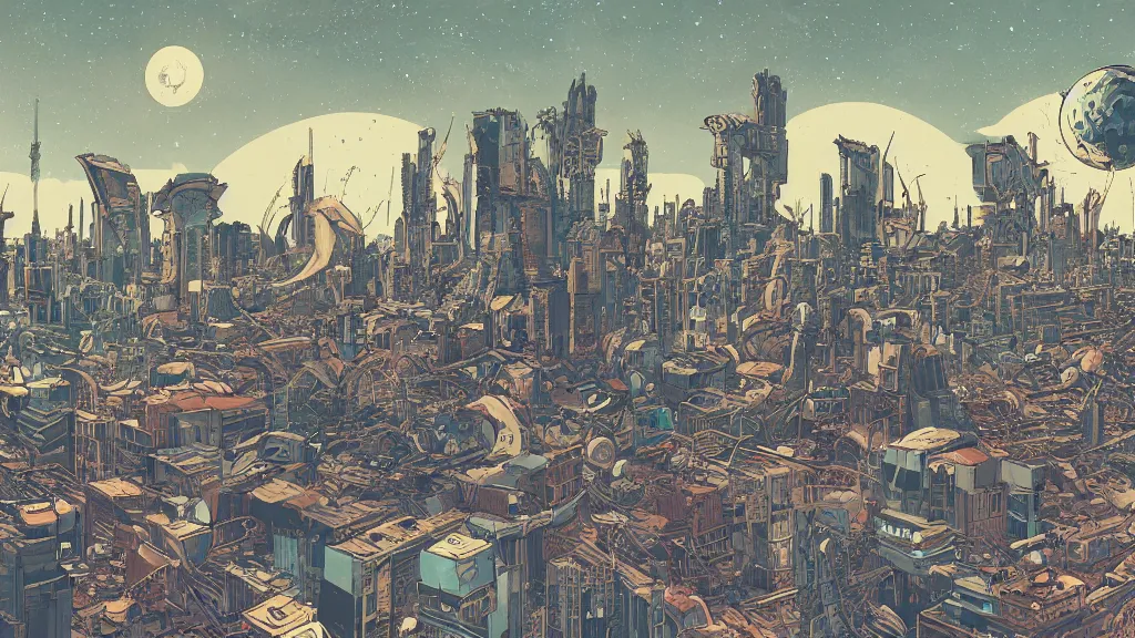 Prompt: very detailed, prophet graphic novel, ilya kuvshinov, mcbess, rutkowski, simon roy, illustration of decrepit arcologies skyline dystopian megacity with space junk floating in the sky on a dead planet earth, wide shot, colorful, deep shadows, astrophotography