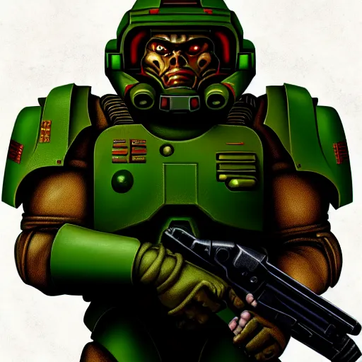 Image similar to portrait of doomguy from game doom, highly detailed, 8 k render centered, digital painting