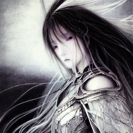 Image similar to yoshitaka amano blurred and dreamy realistic illustration of an anime girl with wavy white hair and cracks on her face wearing elden ring armour with the cape fluttering in the wind, abstract black and white patterns on the background, noisy film grain effect, highly detailed, renaissance oil painting, weird portrait angle