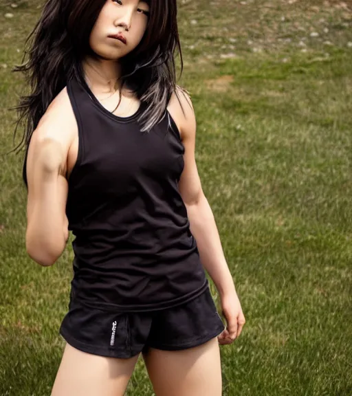 Prompt: an action photoshoot of akane owari, akane owari danganronpa, a toned japanese woman with dark tanned skin and wild wavy brown hair in a bob, hazel eyes, angular features, athletic body, buff, athletic fashion photography, sparring, dynamic pose, young and beautiful, white tank top, magazine cover, japanese facial features, full of energy