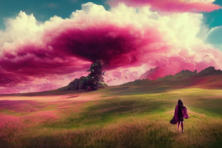 Prompt: giant dahlia flower on - head, girl walking on mountain, surreal photography, pink storm clouds, dramatic light, impressionist painting, digital painting, artstation, simon stalenhag