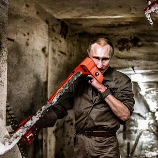 Image similar to putin with a chainsaw. in a concrete bunker with a pile of corpses. focus on putins face with blood splatters. canon eos r 3, f / 1. 4, iso 1 6 0 0, 1 / 8 0 s, 8 k, raw, grainy