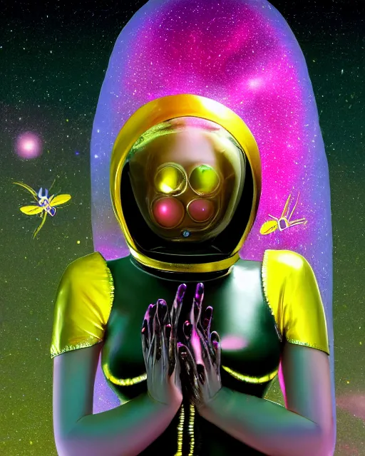 Prompt: Glossy realistic color nikon photograph of beautiful sexy voluptuous lady alien extraterrestrial with iridescent faceted bug eyes, standing in front of a crashed spacecraft, yellow feathered antennae coming out of her head, dark green and yellow mottled skin, sexy skintight pink and silver spacesuit, standing in front of a spacecraft near a lake, scifi, futuristic, realistic, cinematic lighting, hyperdetailed, concept art, award winning art by Mort Kunstler and Robert Maguire