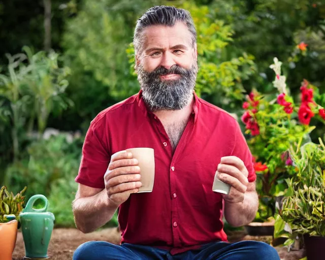 Prompt: mr robert is drinking fresh tea, smoke pot and meditate in a garden from spiral mug, detailed smiled face, short beard, golden hour closeup photo, red elegant shirt, eyes wide open