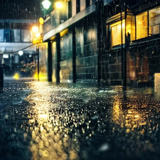 Prompt: photo, night, rain, modern street, light, focus on the bar
