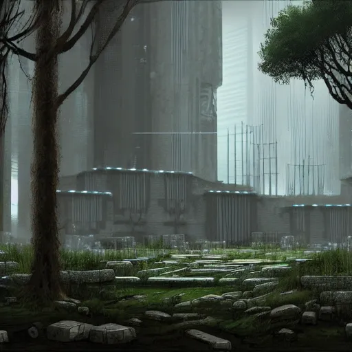 Prompt: quiet glade in the style of ancient greece cyberpunk