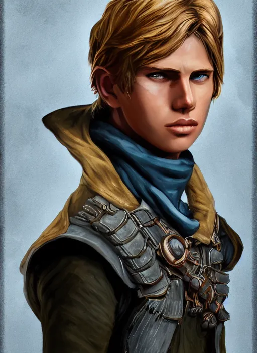 Image similar to An epic fantasy comic book style portrait painting of a young dirty blonde boy thief in the style of the wheel of time, unreal 5, DAZ, hyperrealistic, octane render, cosplay, RPG portrait, dynamic lighting