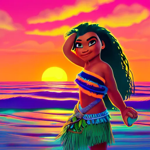 Prompt: Sunsetpunk Moana with a colorful vibrant flashy modern background with black stripes, detailed 3D render illustration, trending on Artstation