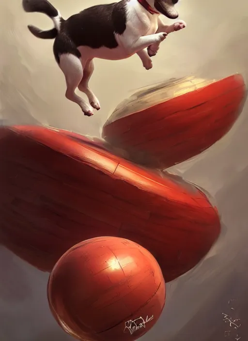 Image similar to adorable jack russel terrier jumping over a red exercise ball, fantasy art, artstation character design contest winner, trending on cgsociety, concept art, speedpaint, beautiful digital art, jesper ejsing, james jean, justin gerard, fenghua zhong, makoto shinkai, highly detailed