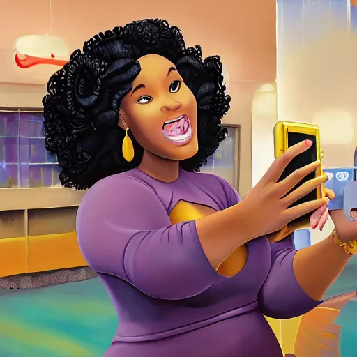 Prompt: stunning, coherent, beautiful painting, still of black bbw woman in wal-mart taking a selfie, a man is following her, 3d, in the style of pixar, comic book style, 3d, highly detailed, highly detailed, sharp focus, bokeh, depth of field, 16k resolution, Unreal Engine 5, coherent, cinematic lighting, photorealistic, by Zhang Jingna