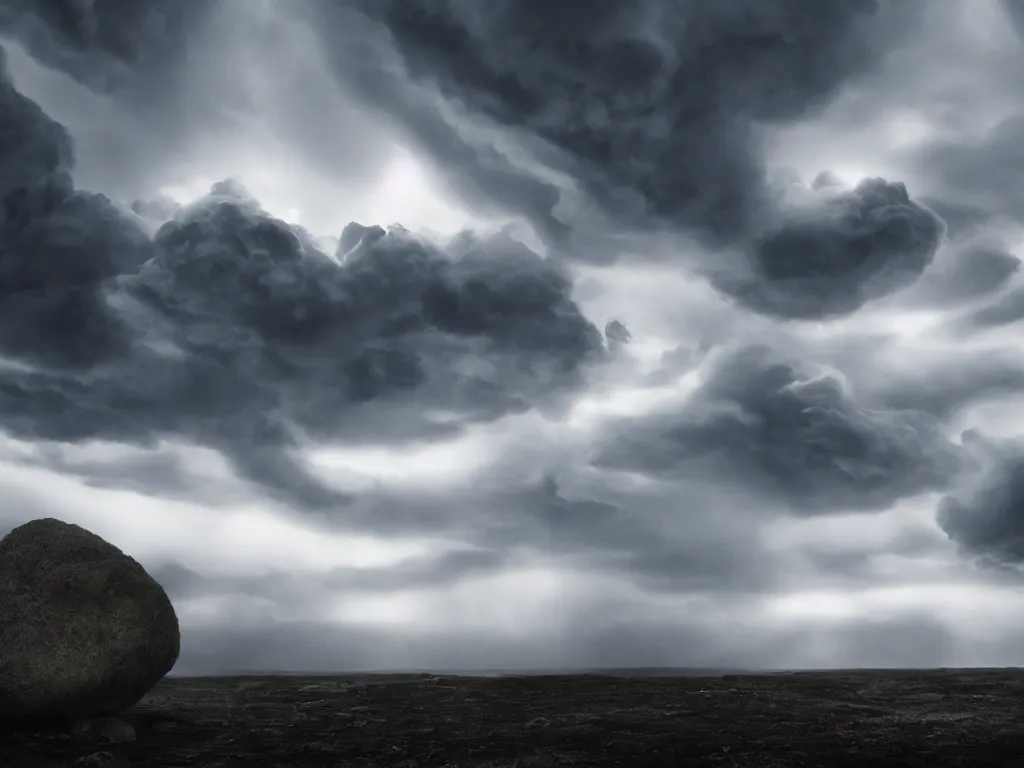 Prompt: dark super storm shot from the ground, hyper realistic clouds that resemble levitating large rocks. impressive, magical, very atmospheric, fog, cinematic, deep, very high complexity, stunning, dramatic masterpiece, iridescent, chiaroscuro, romantism, very detailed. 4 k