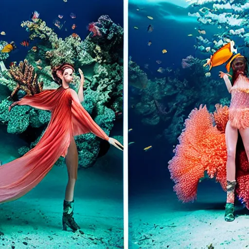 Image similar to medium format photograph of a surreal fashion shoot underwater with tropical fish and coral reefs