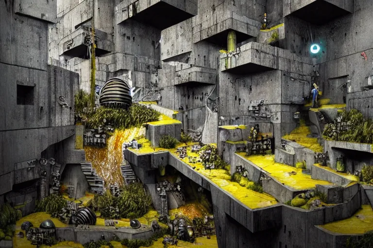 Image similar to favela bunker spaceship beeswax hive, brutalist waterfall environment, industrial factory, whimsical, award winning art, epic dreamlike fantasy landscape, ultra realistic,