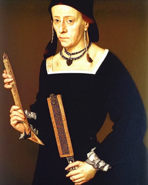 Prompt: “ a portrait of a tudor noblewoman holding a dagger by andrey shishkin, oil and tempera on oak ”