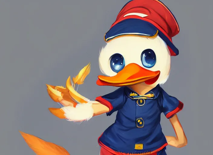 Image similar to detailed concept art of a cute iconic anthropomorphic duck character wearing a sailor suit by wlop on bcy. net, realistic. feathers, art by cheng yi. artstationhd