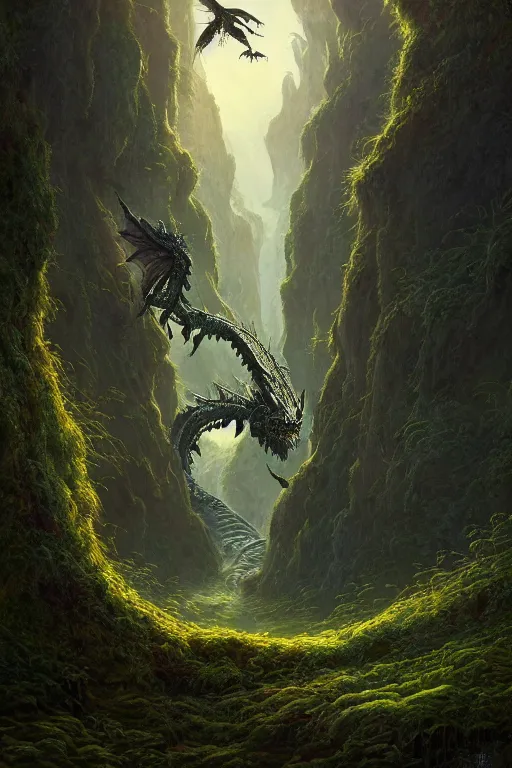 Prompt: a beautiful digital illustration painting of a detailed gothic fantasy valley and forest dragon technology scifi robot encroaching up nature fey unseelie, by benoit b. mandelbrot, steven belledin, martin johnson heade, lee madgwick, caspar david friedrich, and david rios ferreira. 8 k resolution trending on artstation concept art digital illustration