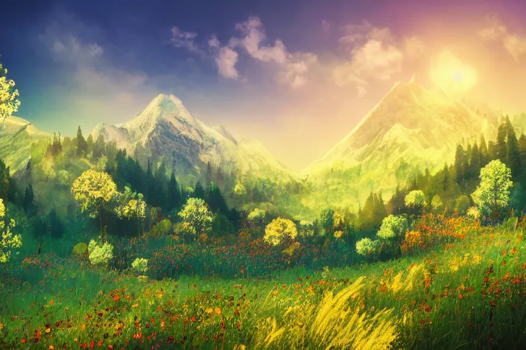 Prompt: mountain landscape in summer, flowers, trees, teal landscape, dreamy light, sunny, floating particles, complementary palette, by and jacek yerga and jesse king, pop surrealist, wiccan, unreal engine, bokeh, detailed