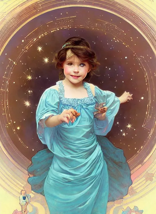 Prompt: a cute little girl with a round cherubic face, blue eyes, and short wavy light brown hair smiles as she floats in space with stars all around her. she is wearing a turquoise dress. beautiful painting by artgerm and greg rutkowski and alphonse mucha