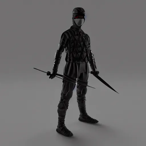 Prompt: focused 3 d rendering of marble and chrome statue of ninja wearing full face mask and hunter hat, no pose, combat suit, technological, octane render