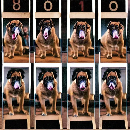 Image similar to a modern color film strip reel of a dog jumping up and down with 9 frames