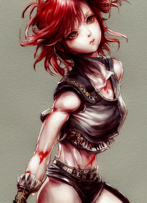 Prompt: fullbody!! yoshitaka amano and ayami kojima lineart, watercolour, gorgeous girl symmetrical face, short red hair, crop top, shorts, dynamic action pose, hyper detailed, character concept, intricate, elegant, digital painting, artstation, smooth, sharp focus