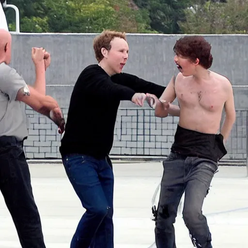 Prompt: billy corgan and mark zuckerberg fighting over a girl. both are very angry. billy goes over to mark and rips off his shirt. then billy throws mark in the ground and breaks his face and hands.