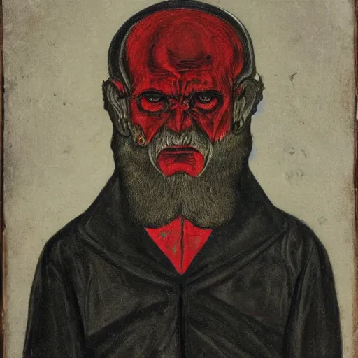 Image similar to portrait of alexander abdulov, with a red eyes, satanic body, head of old man, in blood of sinners, hellish style