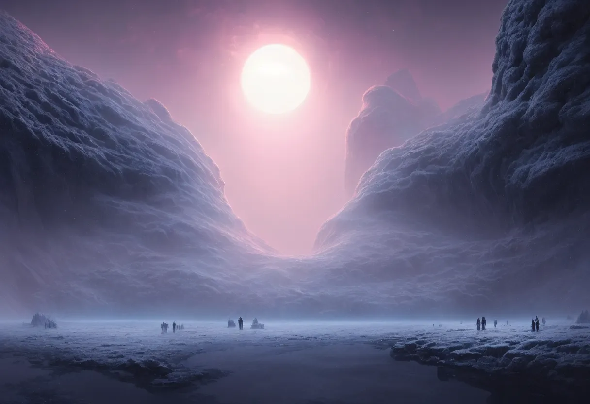 Prompt: ground level view of the surface of frozen winter alien planet at sunset, ultra high definition, ultra detailed, symmetry, fog, matte painting, by greg rutkowski and ross tran and wlop